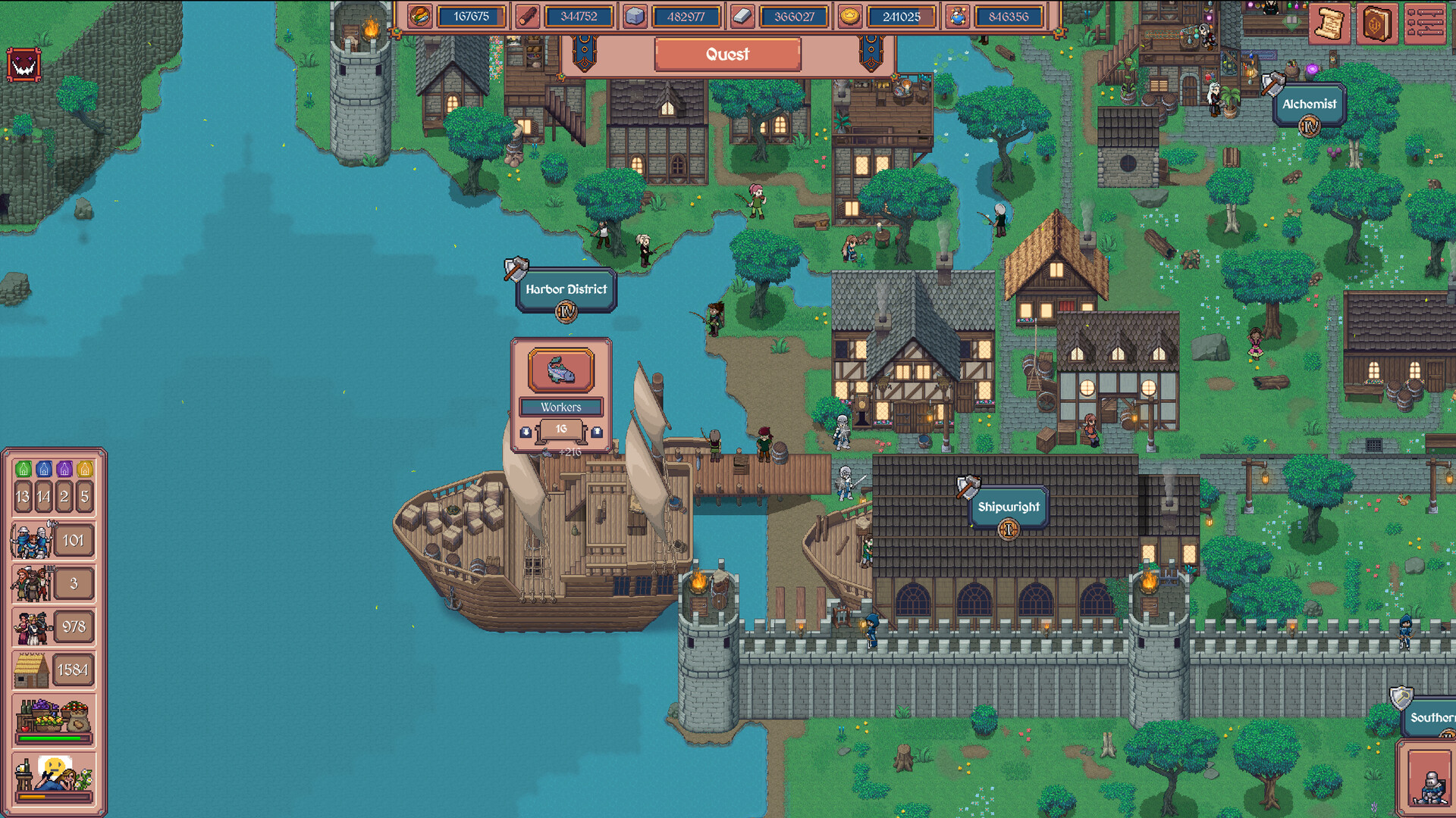 Hearth and Hamlet gameplay: a thriving harbor district with a trading ship, stone walls and busy workers