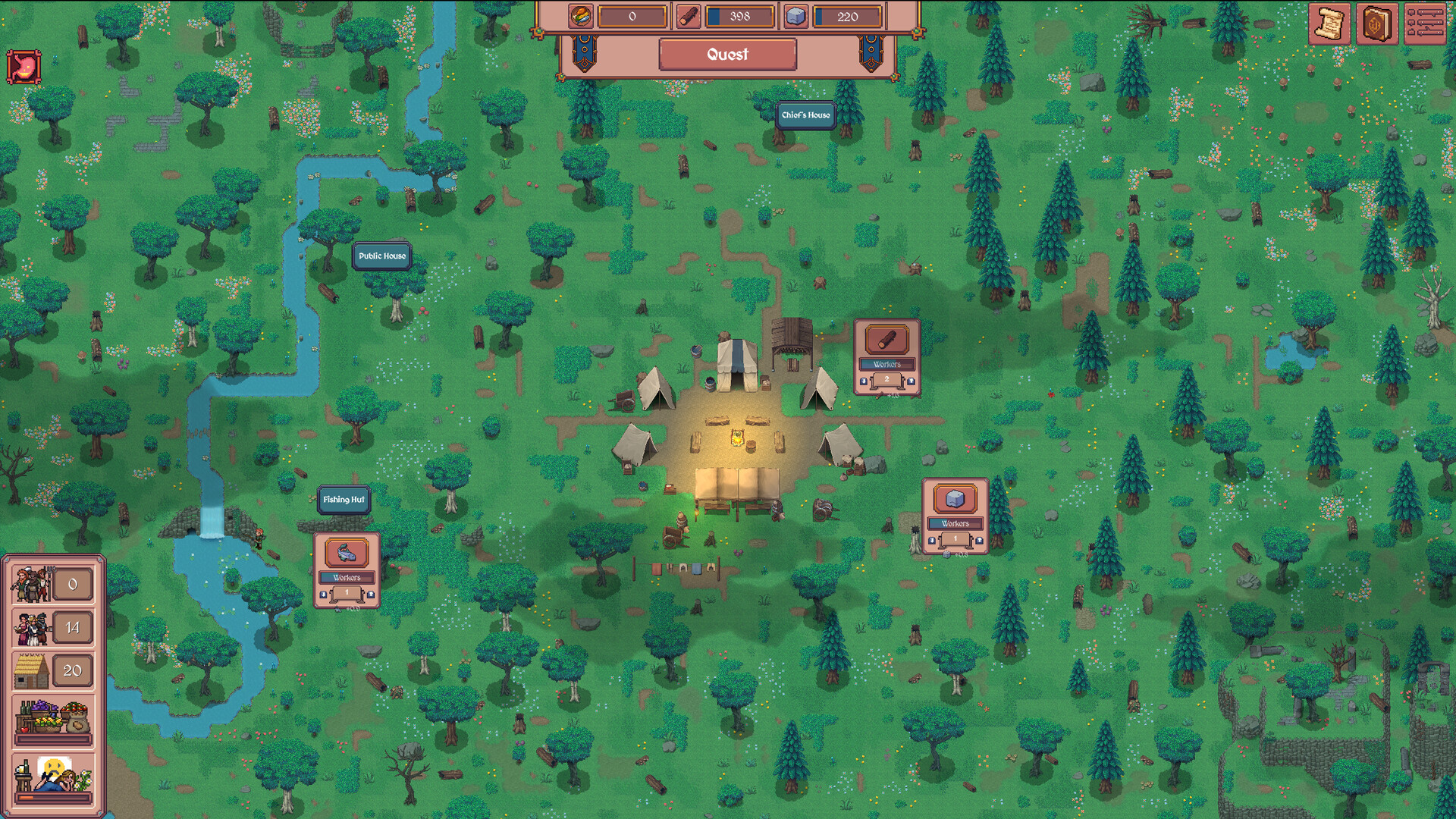 Hearth and Hamlet early game: a campfire camp with tents nestled in a pine forest clearing