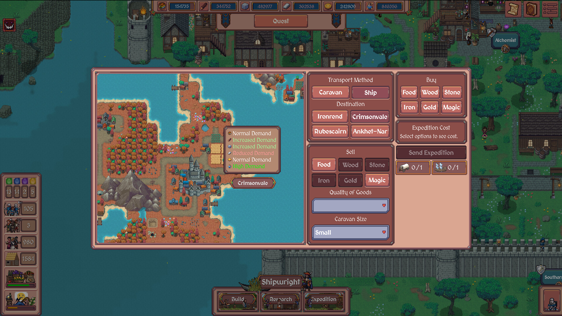 Hearth and Hamlet trade screen: sending a caravan or ship to faraway lands like Crimsonvale