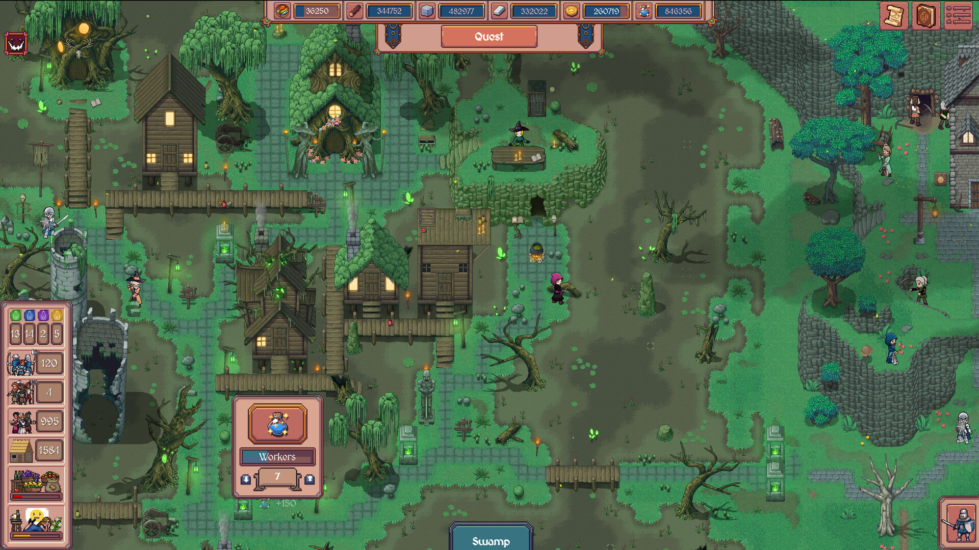 Hearth and Hamlet swamp biome: stilt houses and boardwalks in a gloomy magical swamp