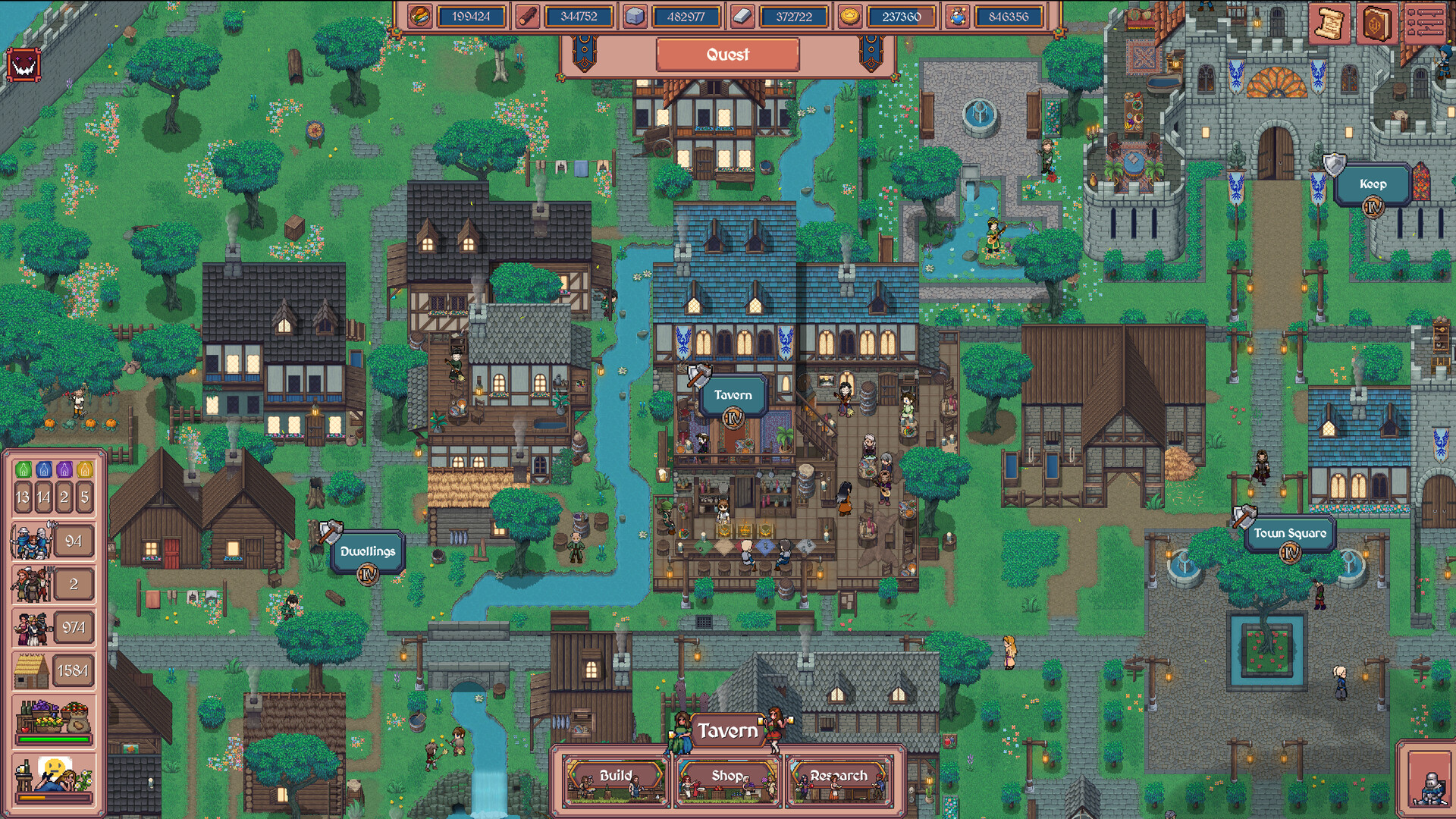 Hearth and Hamlet town view: a bustling settlement with a tavern, dwellings and a town square