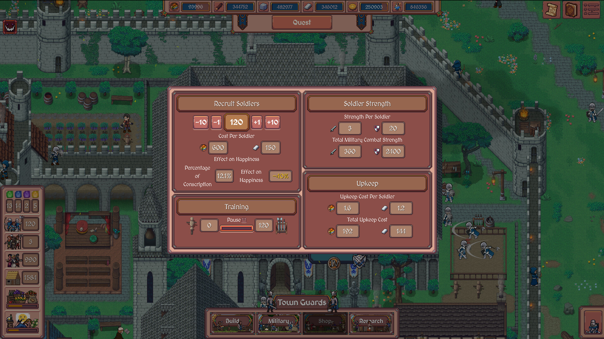 Hearth and Hamlet military screen: recruiting soldiers and managing upkeep costs